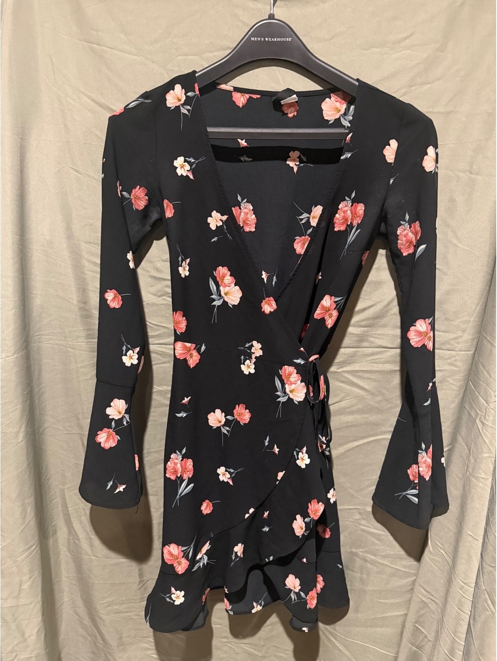 H and M black floral long sleeve wrap dress